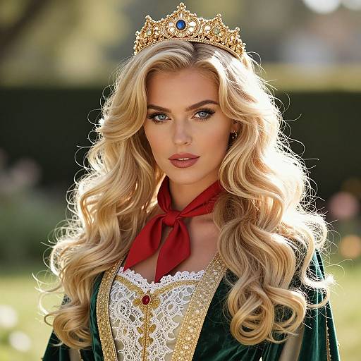 Photograph of a blonde woman with long, wavy hair, wearing a gold crown, red necktie, and green velvet gown with white lace trim