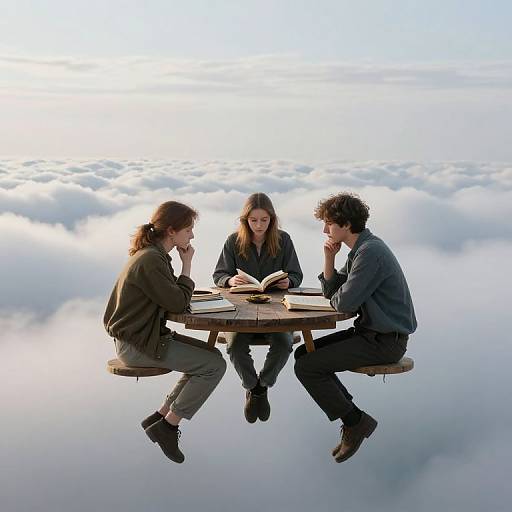 Three people with long hair, casual clothes, and black shoes sit at a floating wooden table on a cloud, reading books.