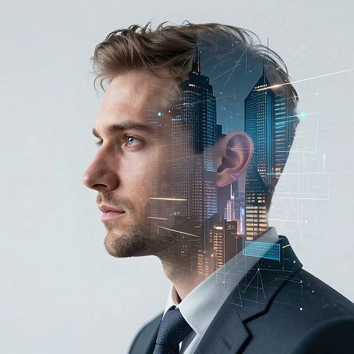 Photograph of a Caucasian man in profile, wearing a black suit, with a cityscape digitally integrated into his right side.