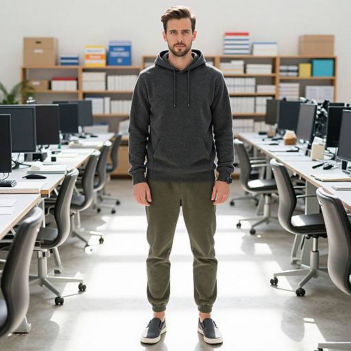 Photograph of a bearded, white man with short brown hair, wearing a dark gray hoodie, olive green pants, and black sneakers, standing in