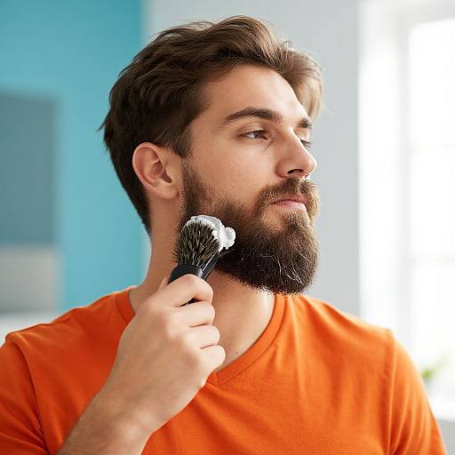 Photograph of a bearded man with dark brown hair, wearing an orange shirt, shaving his beard with a black and white brush. Bright blue and