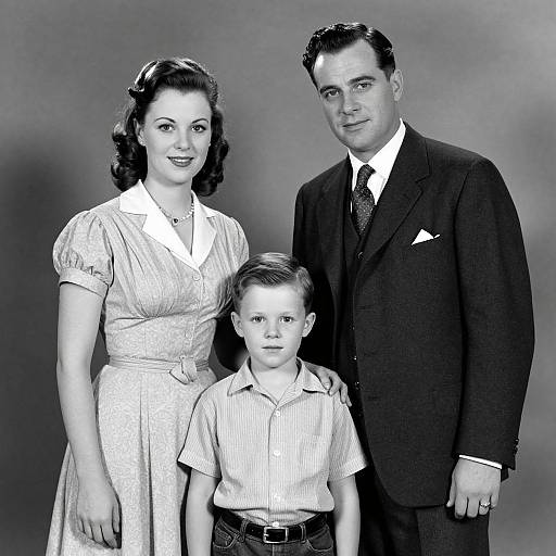 Black-and-white photograph of 1950s family: smiling woman in dress, serious man in suit, and boy in striped shirt, standing together.