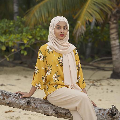 Young Woman on Tree Branch in Tropical Forest