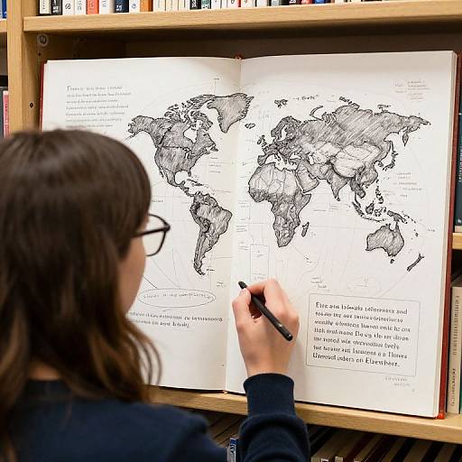 Photograph of a person with glasses and dark hair, wearing a black shirt, drawing on a world map in an open book in a library.