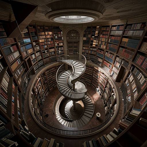 Photograph of a grand, circular library with a spiral staircase, shelves filled with colorful books, and a central skylight illuminating the space.