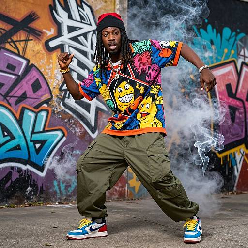 Photograph of a Black man in colorful, graphic T-shirt, green cargo pants, and Nike sneakers, standing in a graffiti-laden alley, blowing