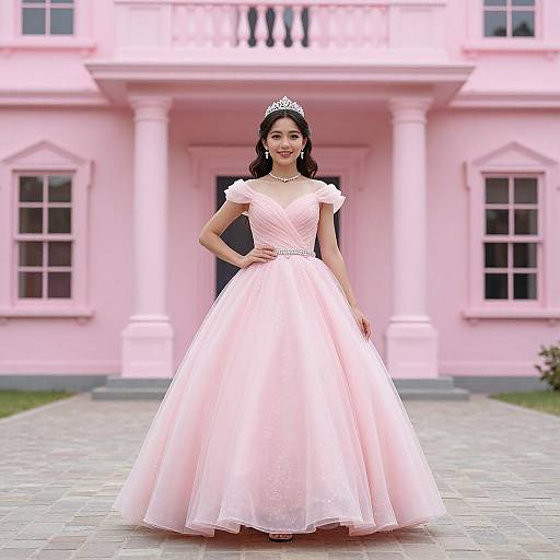 Photograph of a young woman in a pink ball gown with a tiara, standing in front of a pink mansion. She has dark hair and a