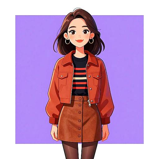 Digital anime-style drawing of a cute young woman with short brown hair, red jacket, black striped shirt, brown skirt, and black leggings, smiling against