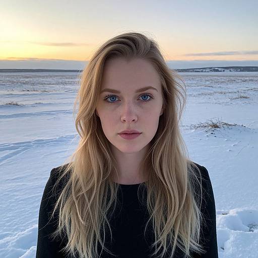 Photograph of a blonde woman with blue eyes, wearing a black top, standing in a snowy landscape at sunset.