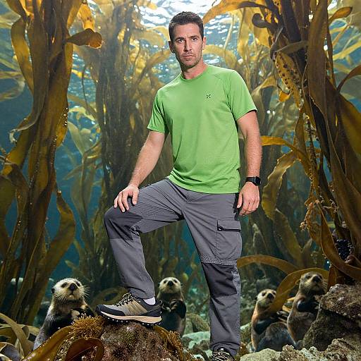 Photograph of a muscular man in a green t-shirt and gray pants, standing confidently with one knee bent, surrounded by seaweed and sea lions in