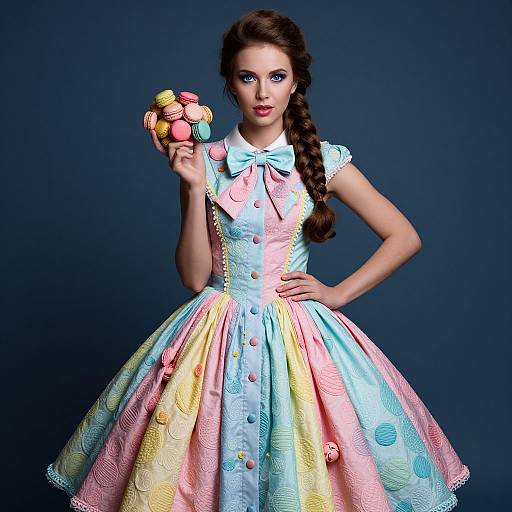Photograph of a fair-skinned woman with blue eyes, wearing a colorful, pastel, vintage-style dress with buttons and bow, holding macar