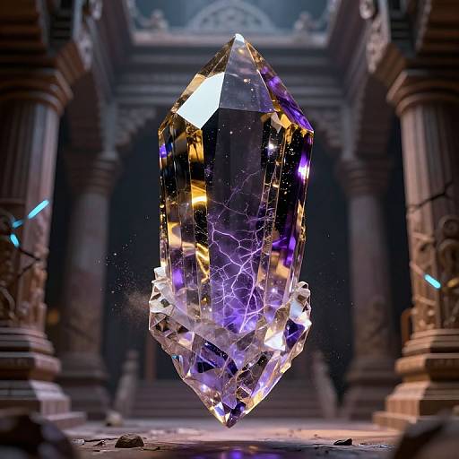 Photorealistic CGI of a glowing, purple-tinged, crystal gem floating in a dimly lit, ancient temple with intricate stone columns and illuminated