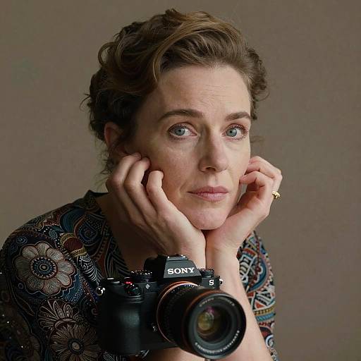 Photograph of a fair-skinned woman with blue eyes, brown hair in a bun, wearing a floral-patterned blouse, holding a Sony camera,