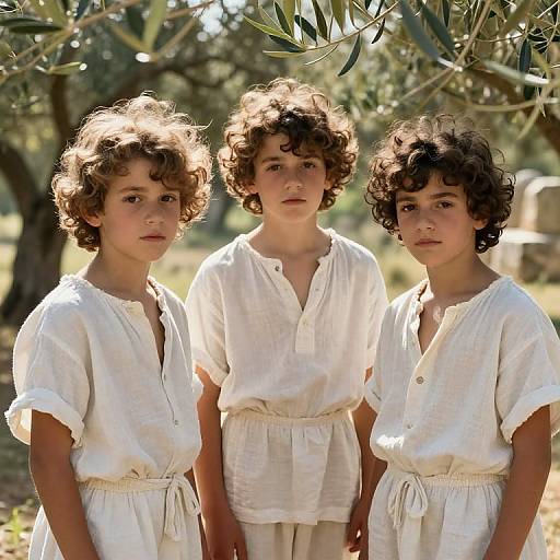 Photograph of three young boys with curly brown hair, wearing white, short-sleeved, button-up shirts and beige sashes, standing in an