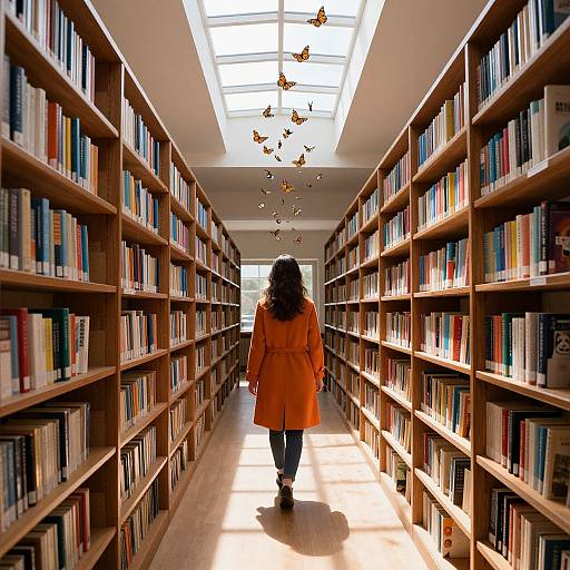 Photograph of a woman in an orange coat walking down a sunlit library aisle, surrounded by bookshelves, with butterflies flying above.