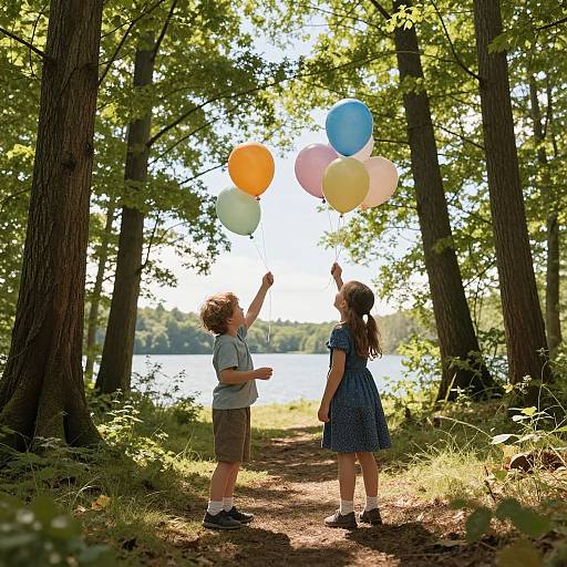 Joyful Children with Balloons in Forest