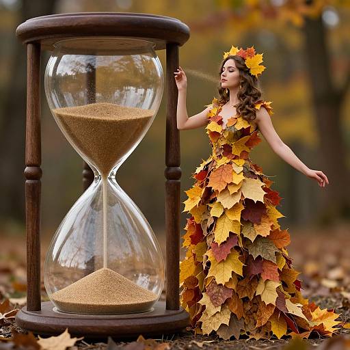 Photograph of a woman in an autumn leaf dress, wearing a leaf crown, standing beside a wooden hourglass in a forest.