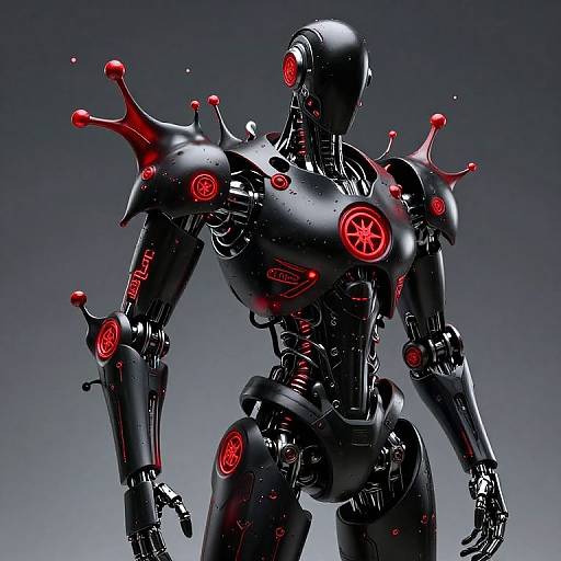 Photorealistic CGI of a sleek, black, humanoid robot with red glowing circular and crown-like accents, set against a gradient gray background.