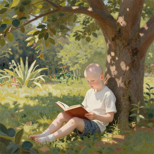 Photorealistic painting of a bald, fair-skinned boy in a white t-shirt and blue shorts, sitting under a tree, reading a book in