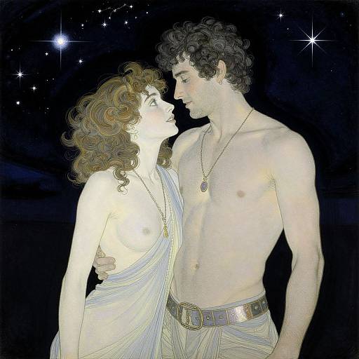 Digital artwork of a shirtless, curly-haired man with a necklace, gently holding a curly-haired woman in a white, flowing dress, against a star
