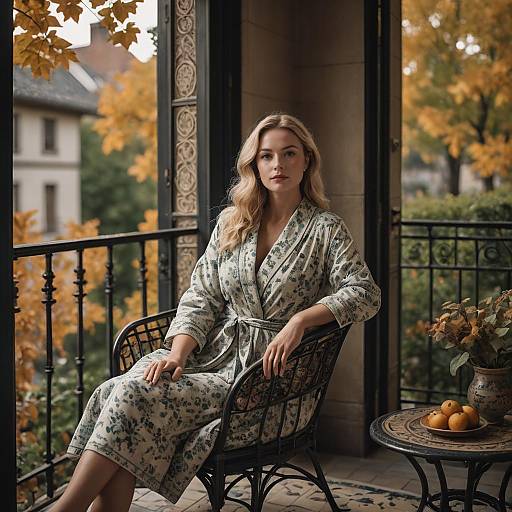 Woman Relaxing on Vintage Balcony in Bathrobe