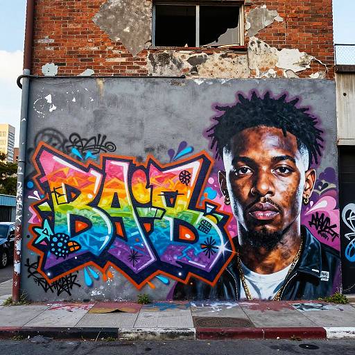 Vivid graffiti mural on a weathered brick wall features a realistic portrait of a Black man with short afro, colorful 