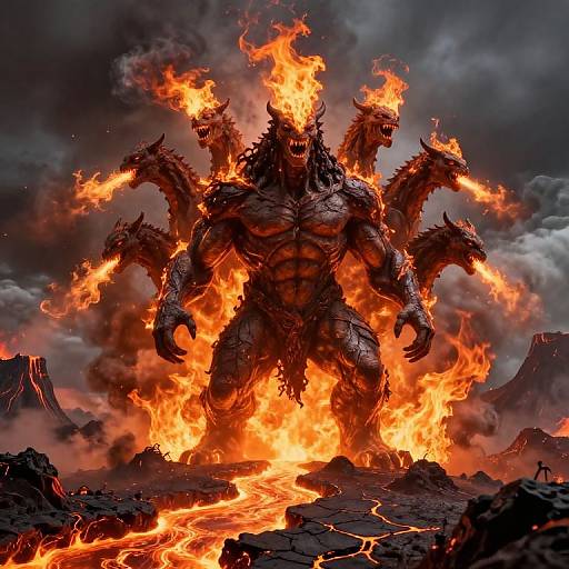 Digital artwork of a muscular, three-headed monster with fiery eyes and flames, standing amidst a volcanic landscape with lava and smoke.