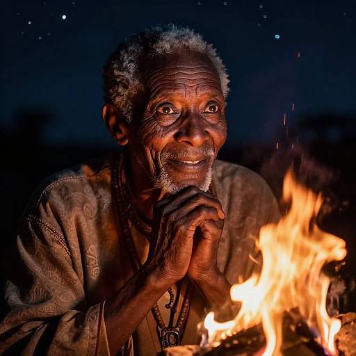Photograph of an elderly, dark-skinned man with curly gray hair, wearing a patterned shirt, hands clasped, illuminated by a bright camp