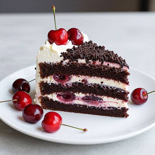Photograph of a slice of dark chocolate cherry cheesecake with whipped cream, cherry filling, and three cherries on a white plate.
