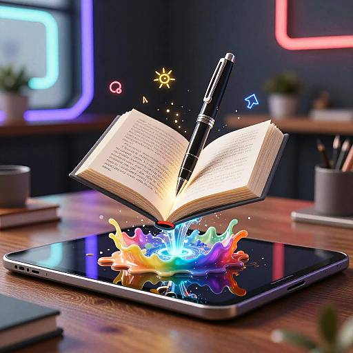 Photorealistic digital image: glowing open book with magic pen, colorful splash effect on tablet, neon lights in background, wooden table.