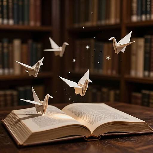 Photograph of open book with white paper birds flying above, surrounded by sparkles, on a wooden table in a library.