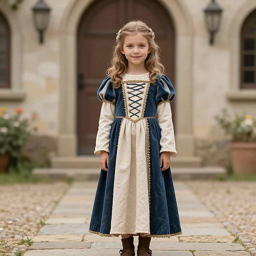 Photograph of a young girl with curly blonde hair, wearing a medieval-style navy and cream dress, standing on a cobblestone path in front of