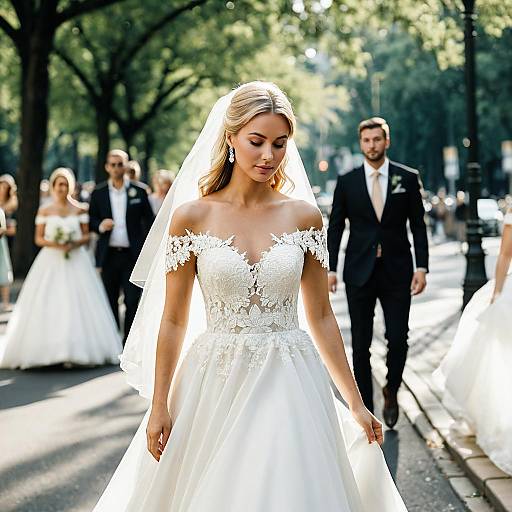 Elegant Blonde Bride in Off-the-Shoulder Wedding Dress