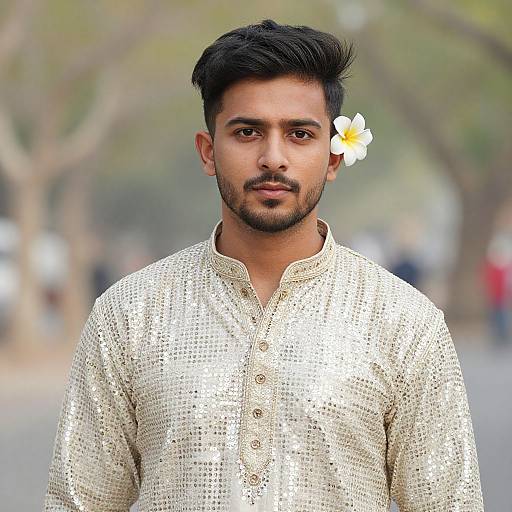 Photograph of a young South Asian man with dark hair, trimmed beard, wearing a shiny gold embroidered kurta, white flower in hair, standing in
