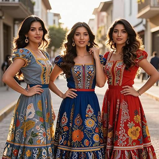 Photograph of three South Asian women with long, wavy dark hair, wearing colorful, embroidered traditional dresses, standing on a sunlit, cobble