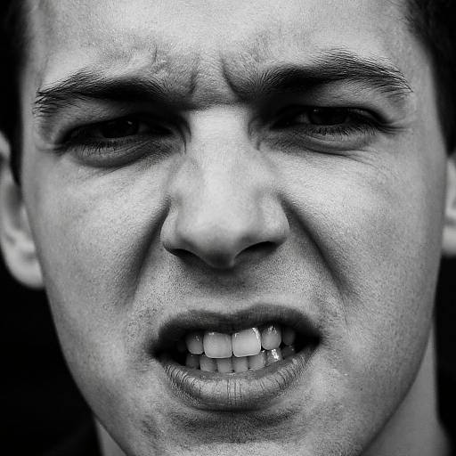 Close-up black-and-white photograph of a young man with furrowed brows, clenched teeth, and a slightly open mouth, expressing pain or anger