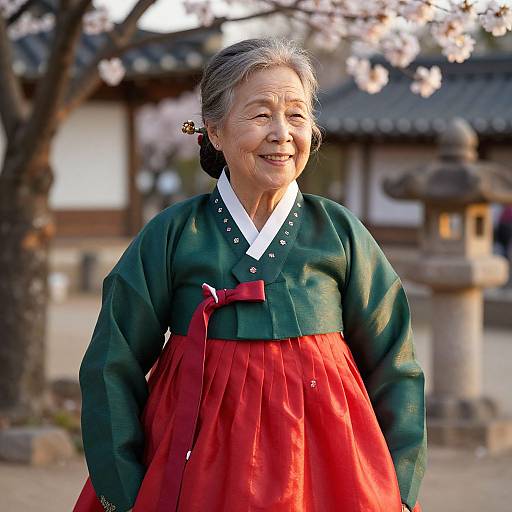 Elderly Korean Woman in Hanbok Garden