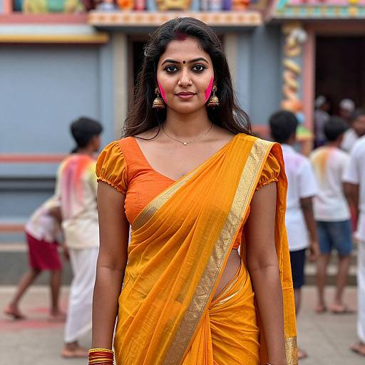 Photograph of a young Indian woman with dark hair, wearing a vibrant orange saree with gold trim, pink face paint, and gold earrings, standing
