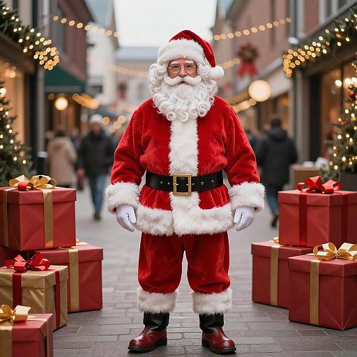 Photograph of Santa Claus in a red velvet suit with white fur trim, black belt, and glasses, standing in a festive, decorated street with wrapped