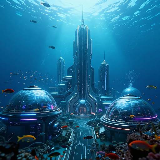 Photorealistic digital artwork of an underwater futuristic city with towering neon-lit skyscrapers, dome-shaped buildings, and colorful fish swimming around.