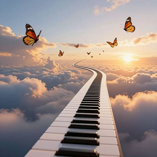 Digital artwork of a black and white piano keyboard extending into the sky, surrounded by orange and yellow butterflies above fluffy clouds at sunset.