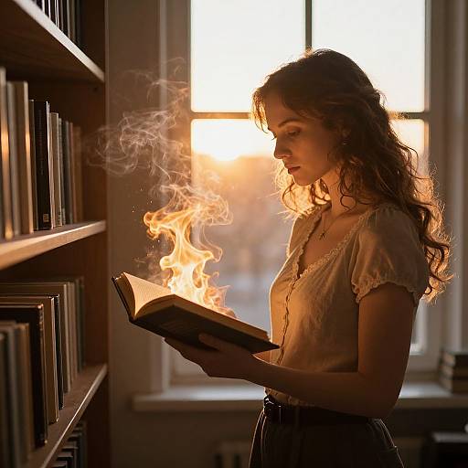 Photograph of a young woman with wavy brown hair, wearing a cream blouse, reading a book with flames emerging from it, standing in front of