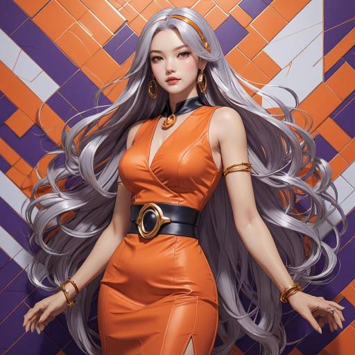 Confident Anime Woman in Stylish Orange Dress