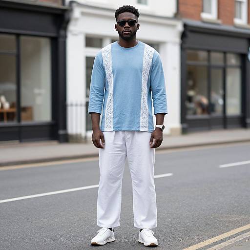 Photograph of a Black man with short curly hair, wearing a light blue long-sleeve shirt with lace detailing, white pants, white sneakers,