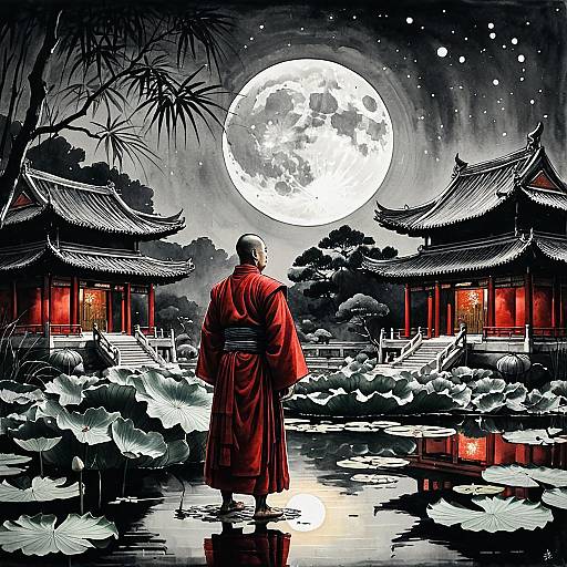Asian Monk at Lotus Pond Under Full Moon