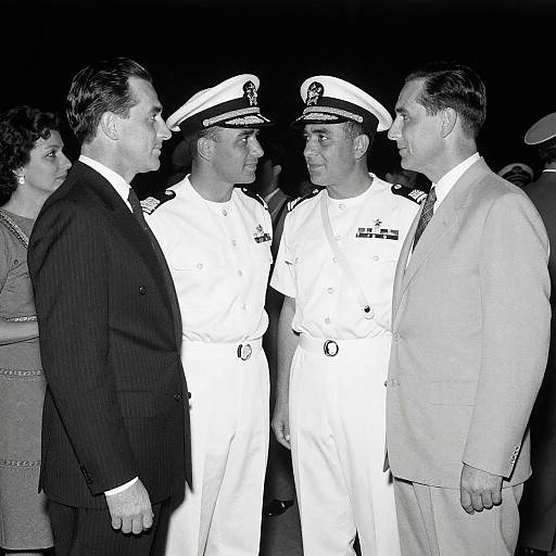 Black-and-white photograph of four men, two in naval uniforms and two in suits, smiling and talking in a formal setting.