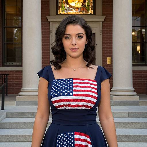 Photograph of a woman with wavy black hair, wearing a navy dress with an American flag design, standing in front of a brick building with columns