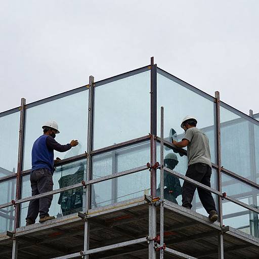 Photograph of two male construction workers in safety helmets and blue/gray shirts, installing glass panels on a metal scaffolding structure.