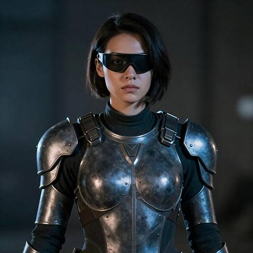 Blue-Lit Armored Woman with Visor