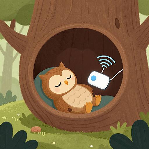 Cartoon owl with closed eyes and brown feathers napping in hollow tree, listening to a white, glowing music player. Forest background.